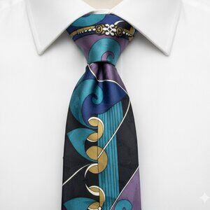 Vtg Martin Wong Screenplay Silk Tie Abstract Geometric Art Deco Blue Teal Purple